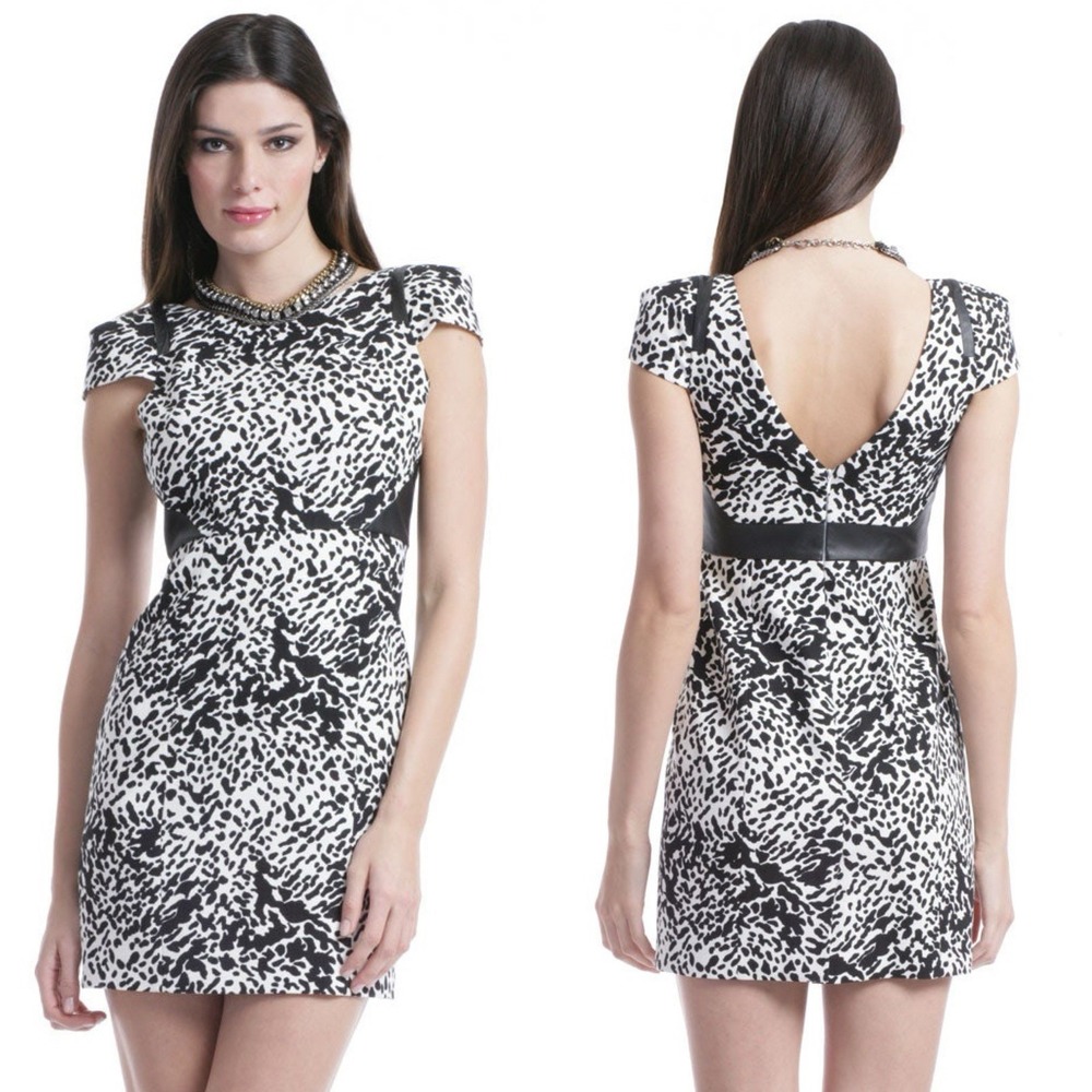 Tibi Sz 0‎ Leopard Print Cap Sleeve Mini Dress 100% Leather Panels Career Formal